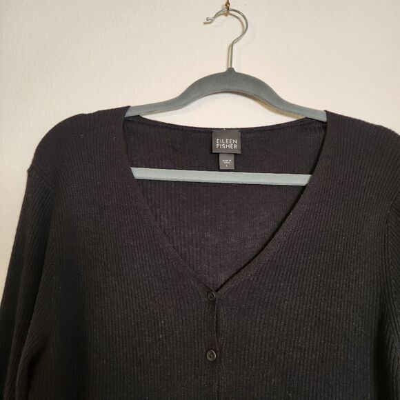 Eileen Fisher Black Silk Cashmere Button Front Cardigan | Size L - Picture 4 of 9